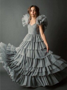 Joyfolie Gray Layered Tulle Ruffle Ball Gown.